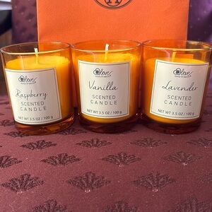 3 candles: raspberry, vanilla, lavender and matching Hermes bag with ribbon